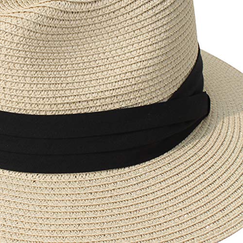 DRESHOW Women Straw Panama Hat Travel Fedora Beach Sun Hat Summer Wide Brim Straw Roll up Hat UPF 50+