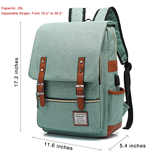 UGRACE Vintage Laptop Backpack with USB Charging Port, Water Resistant Travelling Backpacks College Bag for Men Women, Fits up to 15.6Inch Laptop in Green