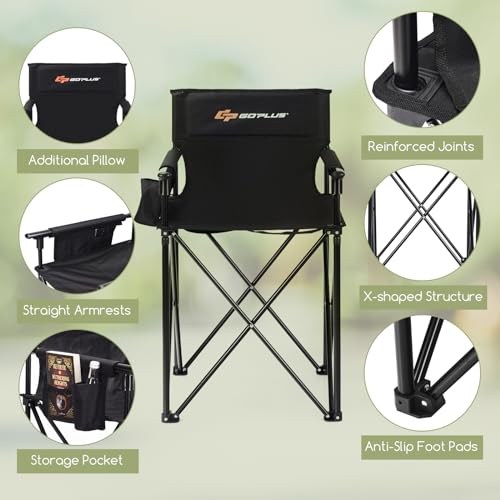 Goplus Folding Camping Chair, Outdoor Portable Beach Chair Heightened Design w/Detachable Armrests, Storage Pouches & Carrying Bag for Fishing, Picnic, Lawn (Black, 250LBS Weight Capacity)