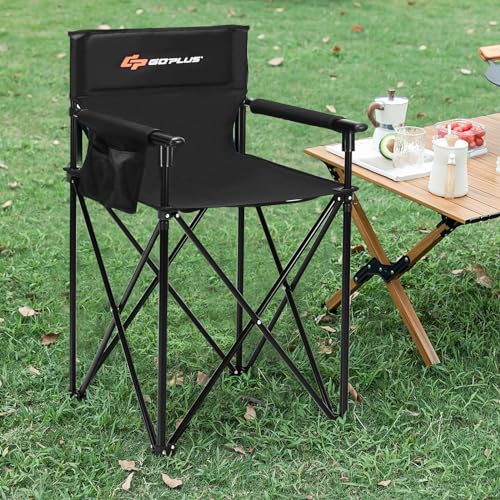 Goplus Folding Camping Chair, Outdoor Portable Beach Chair Heightened Design w/Detachable Armrests, Storage Pouches & Carrying Bag for Fishing, Picnic, Lawn (Black, 250LBS Weight Capacity)