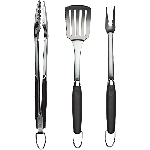 3 Piece Stainless Steel BBQ Grill Tool Set w/Tongs, Spatula & Fork - Accessories for Outdoor Barbecue Grills (3 Piece Set)