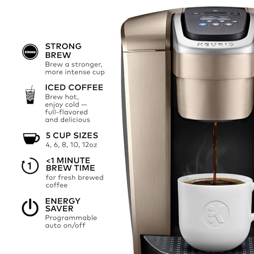 Keurig K-Elite Single Serve K-Cup Pod Coffee Maker, with Strength and Temperature Control, Iced Coffee Capability, 8 to 12oz Brew Size, Programmable, Brushed Gold