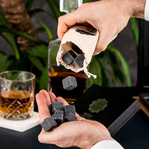 Premium Whiskey Stones Gift Set with 12 Pcs Stones and Bag. Whiskey, Bourbon, Cognac, Scotch,Gin, Wine Beverage. Marble Reusable Ice Cubes. Birthday Gift for Whiskey Lovers.… (Dark Grey)