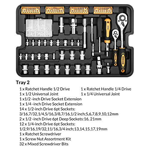 DEKOPRO 258 Piece Tool Kit with Rolling Tool Box Socket Wrench Hand Tool Set Mechanic Case Trolley Portable