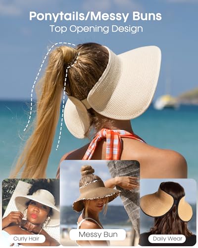 FURTALK Sun Visor Hats for Women Wide Brim Straw Roll-Up Ponytail Summer Beach Hat UV UPF Packable Foldable Travel