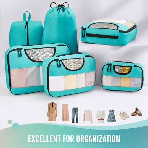 Veken 6 Set Packing Cubes for Suitcases, Travel Essentials for Carry on Luggage, Suitcase Organizer Bags Set for Travel Accessories in 4 Sizes(Extra Large, Large, Medium, Small)，Cyan