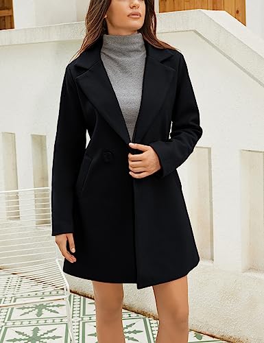 Springrain Women's Wool Pea Coat Notched Collar Double Breasted Midi Long Trench Coat Outwear (Black, M)