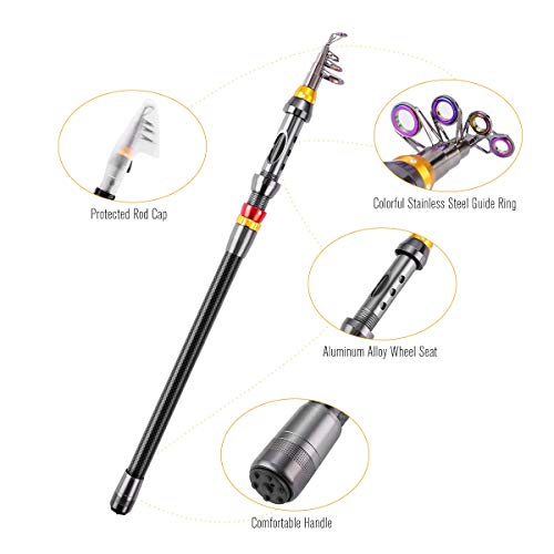 fishing rod kit, Carbon Fiber Telescopic Fishing Pole and Reel Combo with Line Lures Tackle Hooks Reel Carrier Bag for Adults Travel Saltwater Freshwater