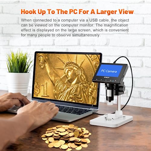 Elikliv Microscope, LCD Digital Coin Microscope 1000x, Coin Magnifier with 8 Adjustable LED Lights, PC View Compatible with Windows/MacBook, EDM4, 4.3 Inch