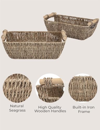 StorageWorks Small Wicker Baskets, Handwoven Baskets for Storage, Seagrass Rattan Baskets with Wooden Handles, 2-Pack