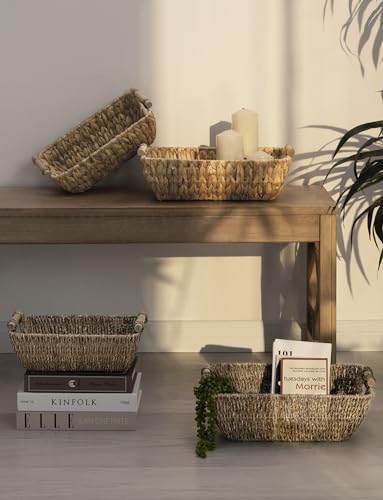 StorageWorks Small Wicker Baskets, Handwoven Baskets for Storage, Seagrass Rattan Baskets with Wooden Handles, 2-Pack