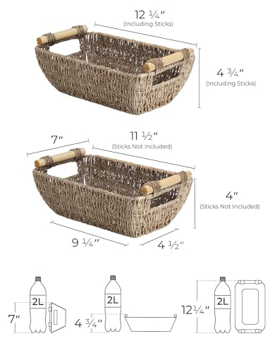 StorageWorks Small Wicker Baskets, Handwoven Baskets for Storage, Seagrass Rattan Baskets with Wooden Handles, 2-Pack