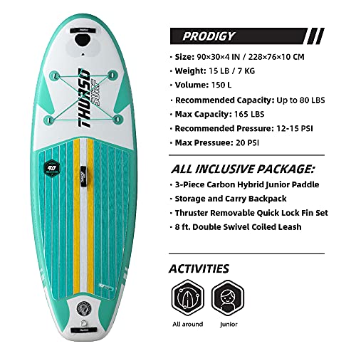 THURSO SURF Prodigy Junior Kids Inflatable SUP Stand Up Paddle Board 7'6 x 30'' x 4'' Two Layer Includes Adjustable Carbon Shaft Paddle/3 Fins/Leash/Duffle Bag/NO Pump Included