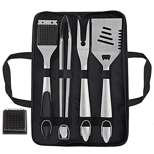 Grilljoy 8PCS Heavy Duty BBQ Grill Tools Set with Extra Thick Stainless Steel Spatula, Fork, Tongs & Cleaning Brush - Complete Barbecue Accessories Kit with Portable Bag - Perfect Grill Gifts for Men