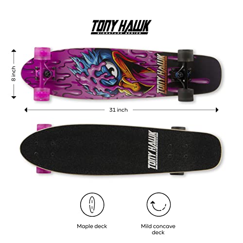 Tony Hawk 31" Complete Cruiser Skateboard, 9-Ply Maple Deck Skateboard for Cruising, Carving, Tricks and Downhill