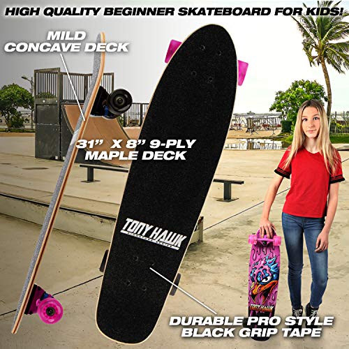 Tony Hawk 31" Complete Cruiser Skateboard, 9-Ply Maple Deck Skateboard for Cruising, Carving, Tricks and Downhill