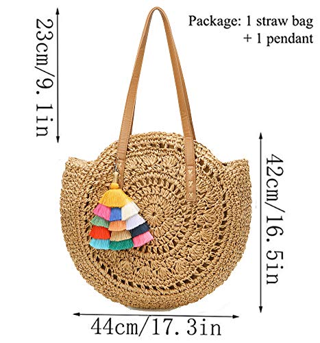 Straw Bag Round Summer Straw Large Woven Beach Bag Purse For Women Vocation Tote Handbags With Pom Poms