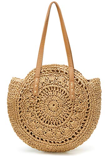 Straw Bag Round Summer Straw Large Woven Beach Bag Purse For Women Vocation Tote Handbags With Pom Poms