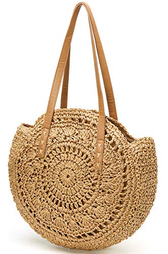 Straw Bag Round Summer Straw Large Woven Beach Bag Purse For Women Vocation Tote Handbags With Pom Poms