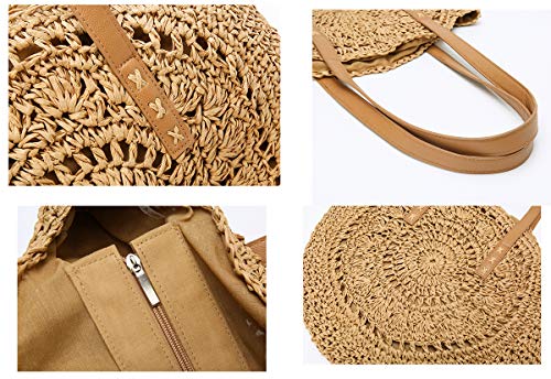 Straw Bag Round Summer Straw Large Woven Beach Bag Purse For Women Vocation Tote Handbags With Pom Poms