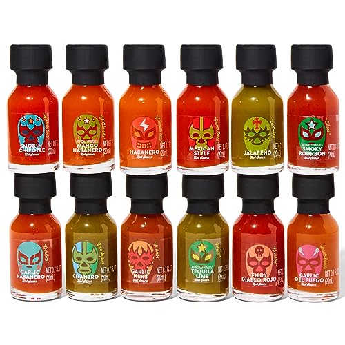 Thoughtfully Gourmet, Luchador Hot Sauce Book Gift Set, Flavors Include Smoky Bourbon, Habanero, Garlic Del Fuego & More, Hot Sauce Sampler, Set of 12