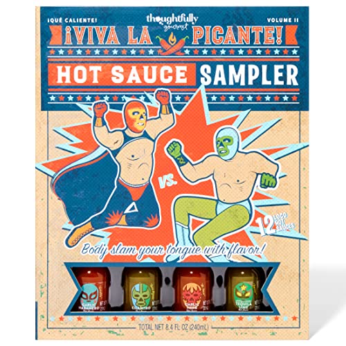 Thoughtfully Gourmet, Luchador Hot Sauce Book Gift Set, Flavors Include Smoky Bourbon, Habanero, Garlic Del Fuego & More, Hot Sauce Sampler, Set of 12