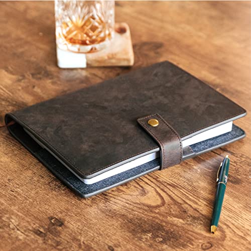 CASE ELEGANCE Full Grain Premium Leather Refillable Journal Cover with A5 Lined Notebook, Pen Loop, Card Slots, Brass Snap (Monogrammed Brown)