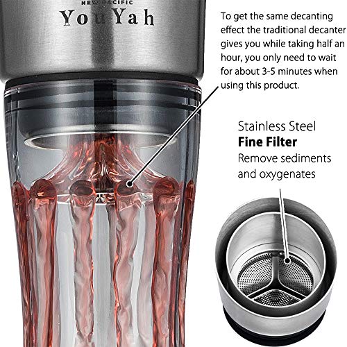 YouYah Wine Decanter Set,Red Wine Carafe with Built-in-Aerator,Wine Aerator,Wine Gifts for Christmas,Stainless Steel Pourer Lid,Filter,100% Hand Blown Lead-free Crystal Glass