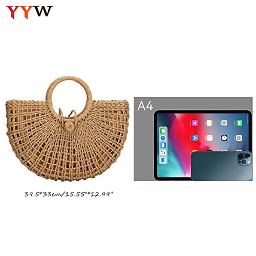 YYW Straw Bags for Women,Hand-woven Straw Top-handle Bag with Round Ring Handle Summer Beach Rattan Tote Handbag