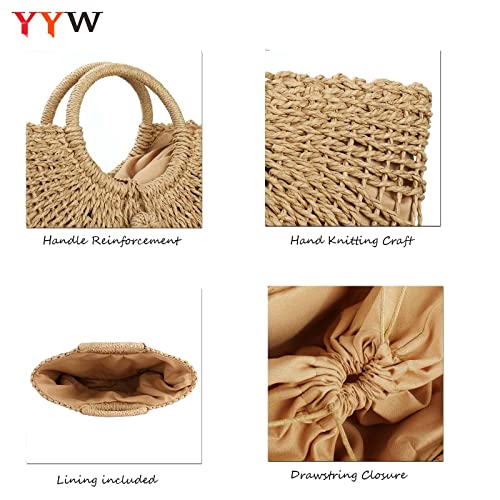 YYW Straw Bags for Women,Hand-woven Straw Top-handle Bag with Round Ring Handle Summer Beach Rattan Tote Handbag