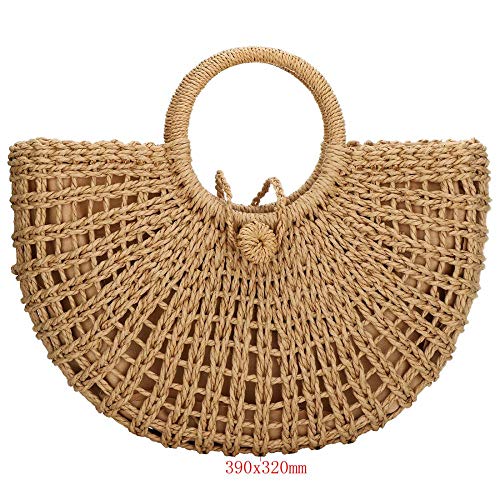 YYW Straw Bags for Women,Hand-woven Straw Top-handle Bag with Round Ring Handle Summer Beach Rattan Tote Handbag