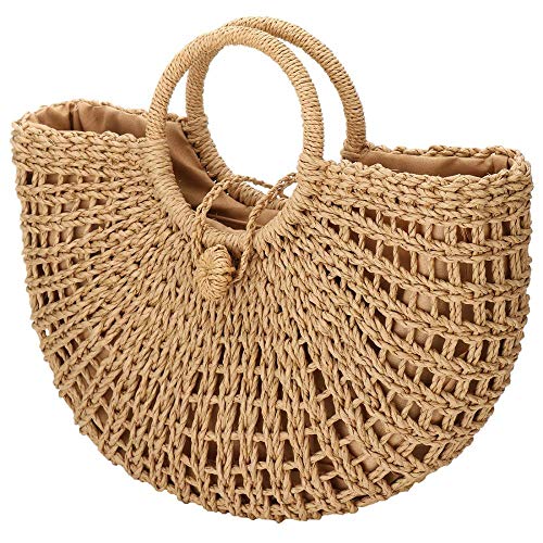 YYW Straw Bags for Women,Hand-woven Straw Top-handle Bag with Round Ring Handle Summer Beach Rattan Tote Handbag
