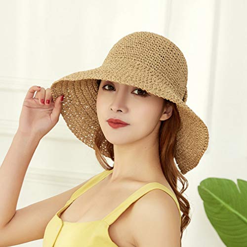 Handmade Woven 100% Raffia Bow Sun Hat Wide Brim Floppy Summer Hats for Women Beach Straw Bucket Hat