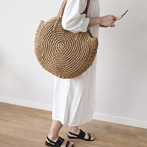 Straw Handbags Women Handwoven Round Corn Straw Bags Natural Chic Hand Large Summer Beach Tote Woven Handle Shoulder Bag