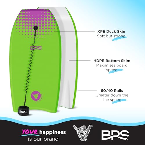 BPS New Zealand ‘Shaka’ Body Board for All Wave Conditions - Lightweight with EPS Core, HDPE Slick Bottom, Boogie Boards for Beach with Wrist Leash and Plug for Kids and Adults