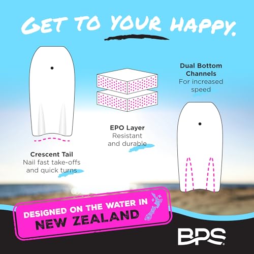 BPS New Zealand ‘Shaka’ Body Board for All Wave Conditions - Lightweight with EPS Core, HDPE Slick Bottom, Boogie Boards for Beach with Wrist Leash and Plug for Kids and Adults