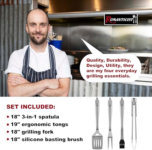 ROMANTICIST 4pc Heavy Duty Grill Accessories for Top Chef - Professional Grill Tools Set & Basic BBQ Tools for Backyard Restaurant Outdoor Kitchen - Deluxe Grill Gift for Dad on Father’s Day Birthday