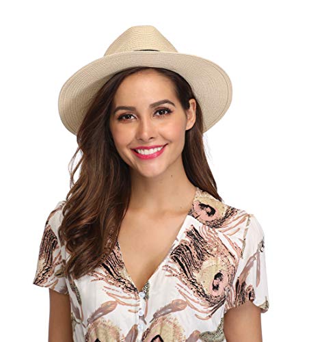 Lanzom Women Wide Brim Straw Panama Roll up Hat Fedora Beach Sun Hat UPF50+