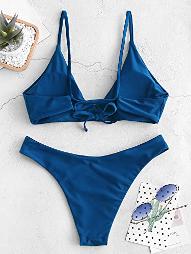 ZAFUL Women's Tie Back Padded High Cut Bralette Bikini Set Two Piece Swimsuit