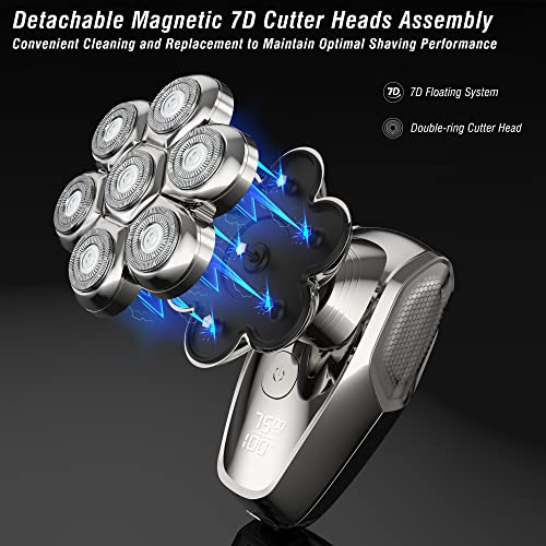 Head Shaver for Bald Men, Electric Razors Wet & Dry Waterproof 7D Rotary Shavers for Head and Face, Men's Electric Head Shavers Cordless, Type-C Charge, 2-Speed, LCD Battery Indicator