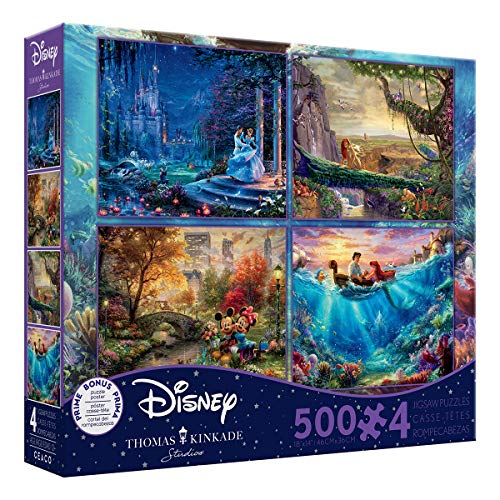 Ceaco - 4 in 1 Multipack - Thomas Kinkade - Disney Dreams Collection - Cinderella, The Lion King, Mickey and Minnie, & The Little Mermaid - (4) 500 Piece Jigsaw Puzzles , Blue