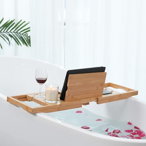 Utoplike Bamboo Bathtub Caddy Tray Bath Tray for Tub, Adjustable Bathroom Bathtub Organizer with Book Tablet Wine Glass Cup Towel Holder (24.5"-37.4")