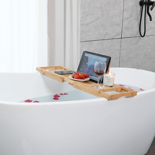 Utoplike Bamboo Bathtub Caddy Tray Bath Tray for Tub, Adjustable Bathroom Bathtub Organizer with Book Tablet Wine Glass Cup Towel Holder (24.5"-37.4")