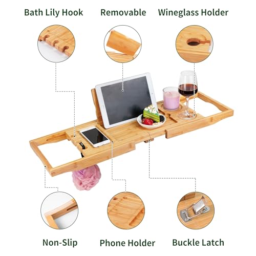 Utoplike Bamboo Bathtub Caddy Tray Bath Tray for Tub, Adjustable Bathroom Bathtub Organizer with Book Tablet Wine Glass Cup Towel Holder (24.5"-37.4")