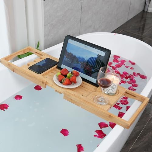 Utoplike Bamboo Bathtub Caddy Tray Bath Tray for Tub, Adjustable Bathroom Bathtub Organizer with Book Tablet Wine Glass Cup Towel Holder (24.5"-37.4")