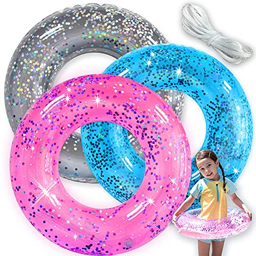 Pool Floats Kids 3 Pack, Inflatable Swim rings for Kids Pool Tubes Toys, Pool Floats Ring Toys, Summer Beach swimming pool floats Party Supplies + Patch&Tow Rope