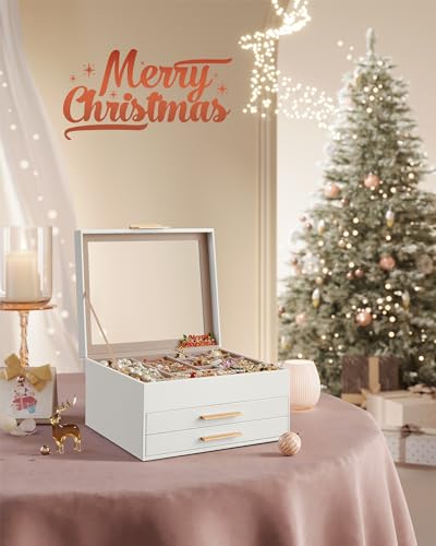 SONGMICS Jewelry Box with Glass Lid, 3-Layer Jewelry Organizer, 2 Drawers, for Big and Small Jewelry, Jewelry Storage, Modern Style, 8 x 9.1 x 5.3 Inches, Cloud White and Gold Color UJBC239WT