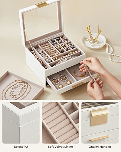 SONGMICS Jewelry Box with Glass Lid, 3-Layer Jewelry Organizer, 2 Drawers, for Big and Small Jewelry, Jewelry Storage, Modern Style, 8 x 9.1 x 5.3 Inches, Cloud White and Gold Color UJBC239WT