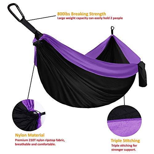 Gold Armour Camping Hammock - XL Double Hammock Portable Hammock Camping Accessories Gear for Outdoor Indoor with Tree Straps, USA Based Brand (Black and Purple)