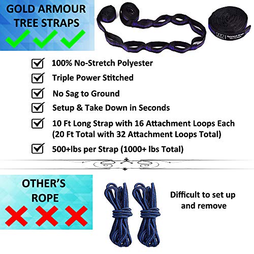 Gold Armour Camping Hammock - XL Double Hammock Portable Hammock Camping Accessories Gear for Outdoor Indoor with Tree Straps, USA Based Brand (Black and Purple)